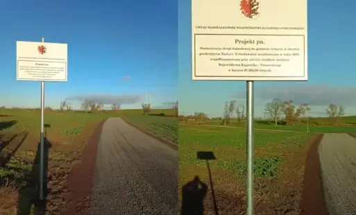 Zdjęcia zmodernizowanej drogi oraz tablicy informacyjnej