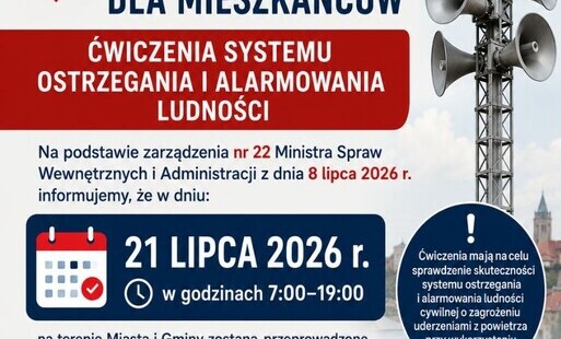 Plakat- informacja o próbie alarmowej 21 lipca 